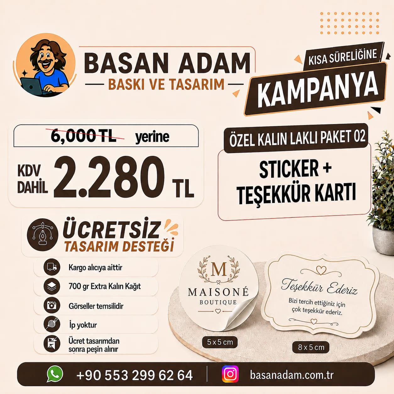 700 gr extra kalın laklı teşekkür kartı ve sticker bir arada.