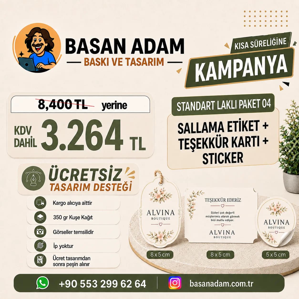 Laklı sallama etiket, teşekkür kartı ve sticker'ı bir arada sunan üçlü paket.